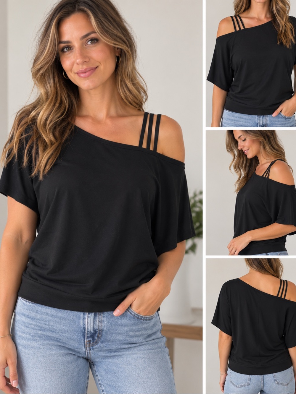 SHEIN Black Off-Shoulder Tank Top with Triple-Strap Detail
